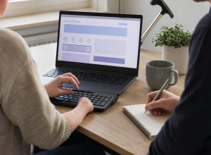 Cilvēks ar ierobežotu roku kustību testē tīmekļvietni ar tastatūru, kamēr kolēģis pieraksta novērojumus.