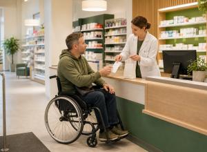 Cilvēks ratiņkrēslā kopā ar farmaceiti pie pieejamas aptiekas letes pārbauda recepšu zāļu pirkuma čeku.