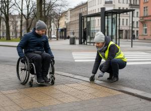 Cilvēks ratiņkrēslā un pašvaldības speciāliste pārbauda apmales augstumu pie gājēju pārejas.