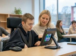 Skolēns klasē kopā ar skolotāju izmanto uz statīva novietotu planšeti ar vizuāliem vadības elementiem.