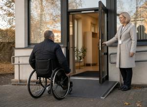 Riteņkrēsla lietotājs pa uzbrauktuvi tuvojas publiskas ēkas ieejai, kur darbiniece tur atvērtas durvis.