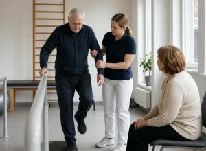Fizioterapeite rehabilitācijas zālē palīdz vecākam vīrietim vingrināt līdzsvaru, kamēr tuviniece vēro nodarbību.