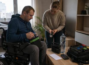 Elektriskā riteņkrēsla lietotājs ar atbalsta personu pārbauda akumulatoru, lukturīti un ārkārtas piederumus.