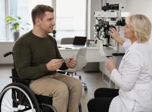 Cilvēks riteņkrēslā optometrijas kabinetā tur brilles un sarunājas ar redzes aprūpes speciālisti.