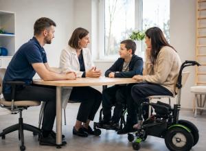 Zēns un vecāks pie pieejama galda sarunājas ar rehabilitācijas ārsti un fizioterapeitu.