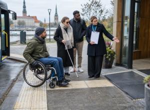 Riteņkrēsla lietotājs un cilvēks ar balto spieķi kopā ar tūrisma darbinieci pārbauda pieejamu ieeju.