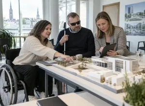 Riteņkrēsla lietotāja, cilvēks ar balto spieķi un speciāliste kopā izvērtē ēkas maketu un planšeti.