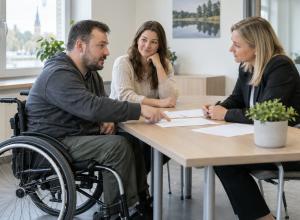 Vīrietis riteņkrēslā norāda uz anketu, sarunājoties ar novērtēšanas speciālisti un atbalsta personu.