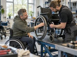 Riteņkrēsla lietotājs kopā ar tehniķi pārbauda riteņkrēsla riteni darbnīcā