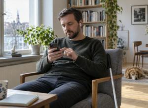 Vīrietis ar balto spieķi klausās austiņā un lieto viedtālruni gaišā istabā