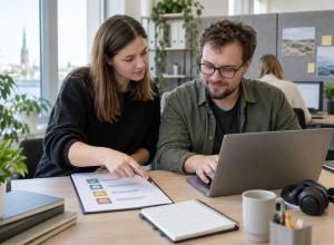 Divi kolēģi birojā kopīgi pārskata darba plūsmu datorā un strukturētā kontrolsarakstā