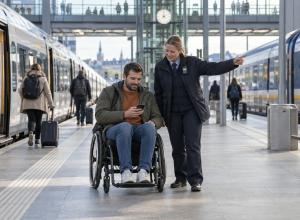 Riteņkrēsla lietotājs dzelzceļa stacijā pārbauda maršrutu, kamēr darbiniece norāda pārsēšanās virzienu