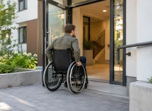 Riteņkrēsla lietotājs patstāvīgi pārvietojas pa pielāgotu mājokļa ieeju