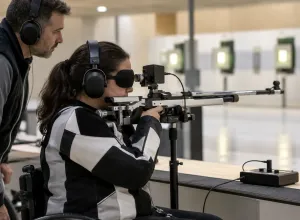 Sportiste ar aizsegtām acīm un austiņām mērķē ar pneimatisko šauteni trenera klātbūtnē