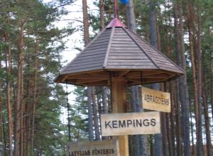 Koka norādes uz kempingu priežu mežā