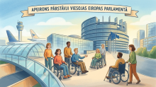 Cilvēki ratiņkrēslos pie Eiropas Parlamenta, lidmašīna fonā.