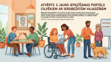 Cilvēki centrā socializējas, daži pie galda, citi ar suni, veidojot draudzīgu vidi.