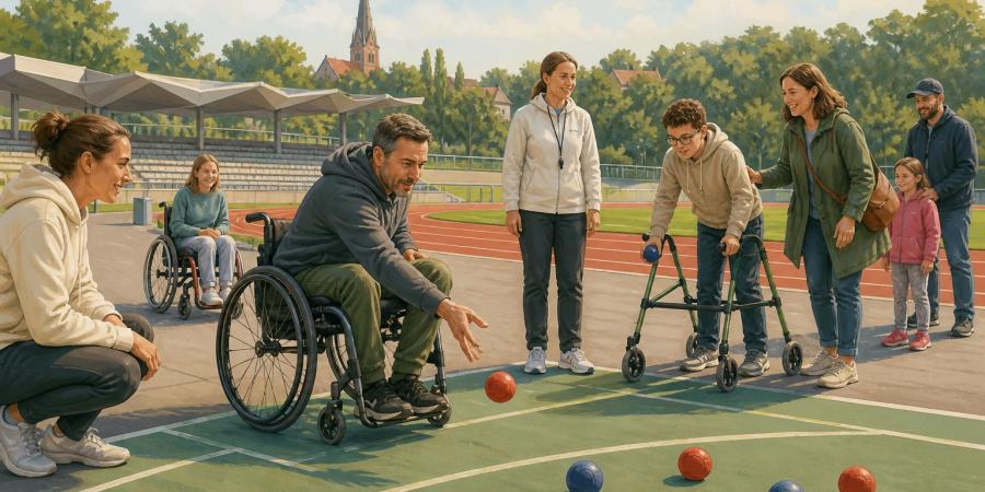 Cilvēki ar dažādām funkcionālajām iespējām un viņu ģimenes piedalās pielāgotā boccia aktivitātē stadionā.