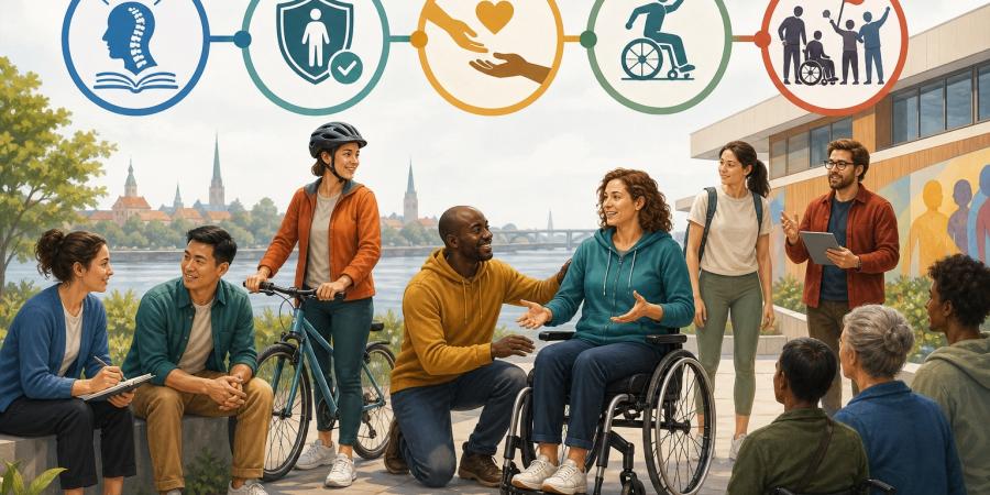 Cilvēki pieejamā pilsētvidē kopīgi iesaistās muguras smadzeņu bojājumu profilaksē, atbalstā, rehabilitācijā un sabiedrības līdzdalībā.