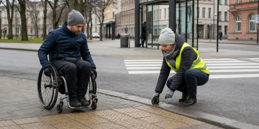 Cilvēks ratiņkrēslā un pašvaldības speciāliste pārbauda apmales augstumu pie gājēju pārejas.