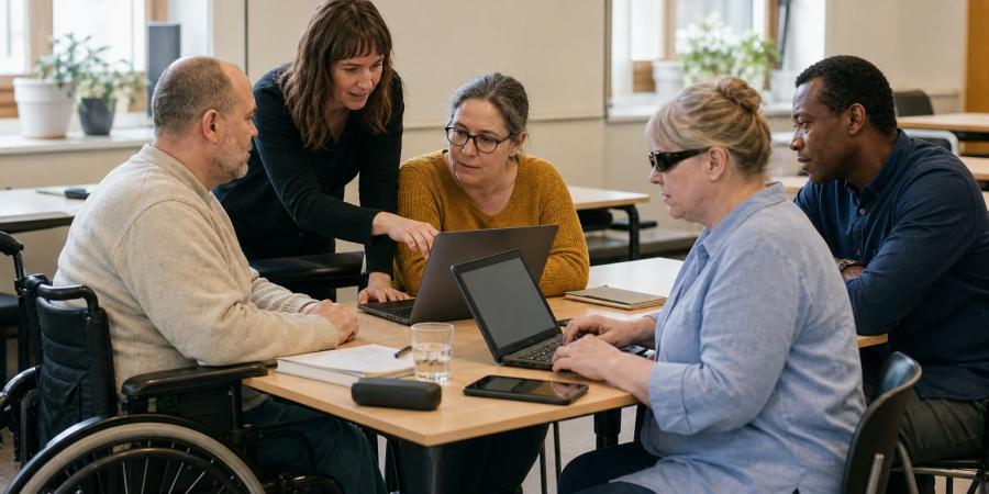 Pieci pieaugušie pieejamā mācību telpā kopīgi apgūst digitālos rīkus, izmantojot klēpjdatorus.