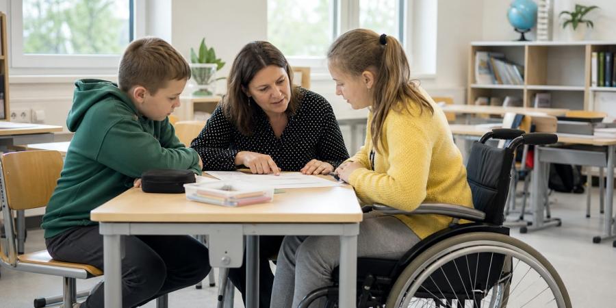 Skolniece ratiņkrēslā pie galda kopā ar skolotāju un klasesbiedru pārrunā mācību uzdevumu gaišā klasē.