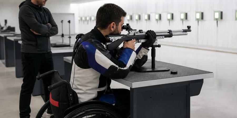 Para šāvējs ratiņkrēslā trenējas ar pneimatisko šauteni iekštelpu šautuvē, trenerim vērojot no malas.