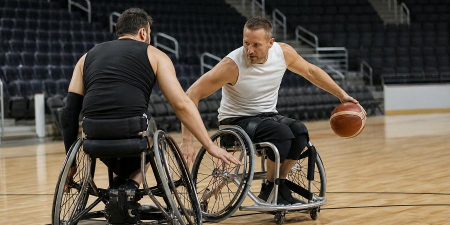 Divi riteņbasketbolisti sporta riteņkrēslos cīnās par bumbu iekštelpu laukumā.