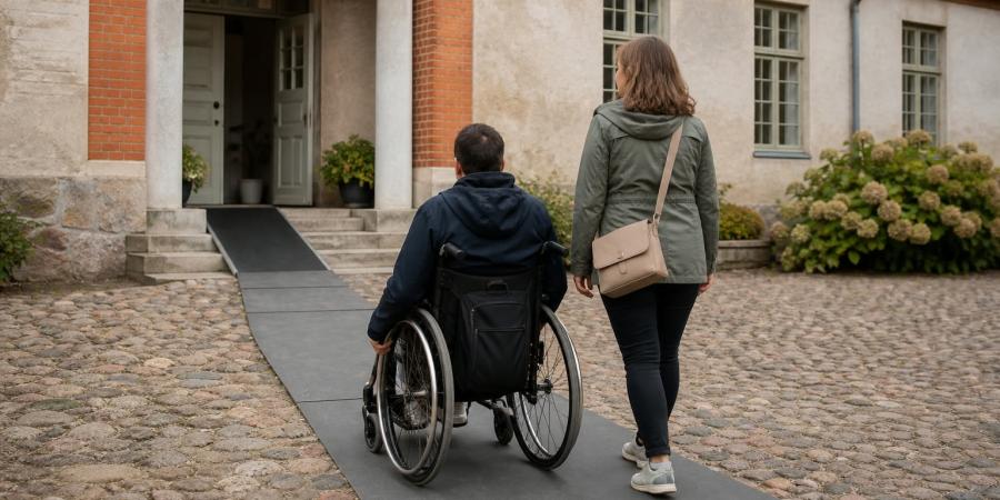 Cilvēks riteņkrēslā kopā ar pavadoni pa gludu celiņu dodas uz vēsturiskas ēkas ieeju.
