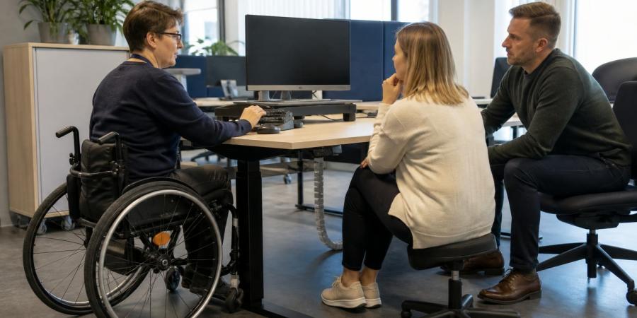 Darbiniece riteņkrēslā kopā ar ergoterapeiti un vadītāju izvērtē augstumā regulējamu darba vietu.