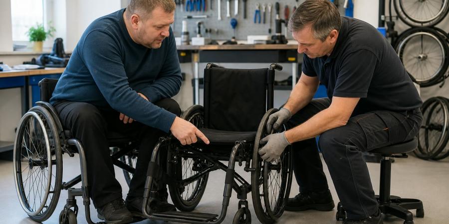 Riteņkrēsla lietotājs un servisa tehniķis darbnīcā pārbauda rezerves riteņkrēsla riteni un bremzes.