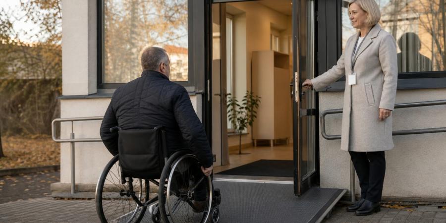 Riteņkrēsla lietotājs pa uzbrauktuvi tuvojas publiskas ēkas ieejai, kur darbiniece tur atvērtas durvis.