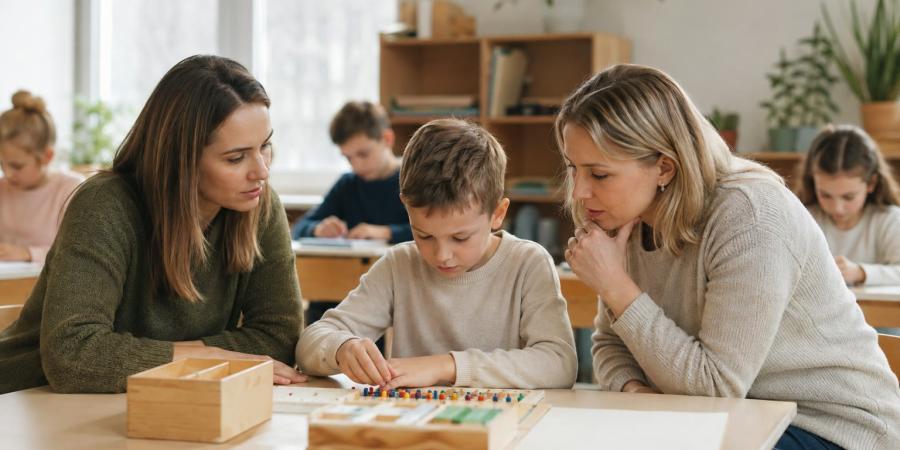 Skolēns klasē pilda praktisku uzdevumu, kamēr skolotāja un atbalsta speciāliste vēro un palīdz.