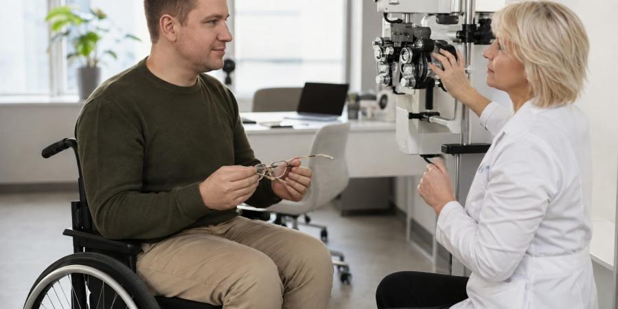 Cilvēks riteņkrēslā optometrijas kabinetā tur brilles un sarunājas ar redzes aprūpes speciālisti.