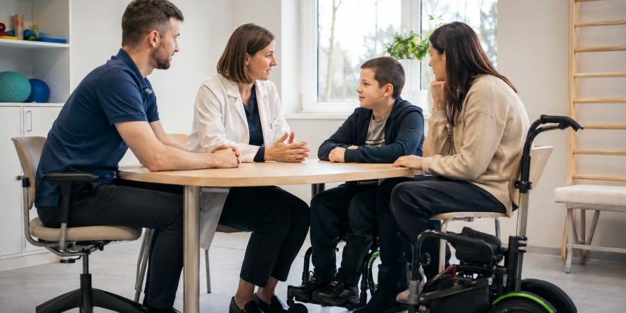 Zēns un vecāks pie pieejama galda sarunājas ar rehabilitācijas ārsti un fizioterapeitu.