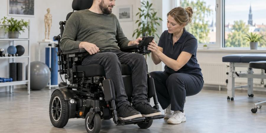 Elektriskā riteņkrēsla lietotājs kopā ar ergoterapeiti regulē vadības ierīci rehabilitācijas telpā.