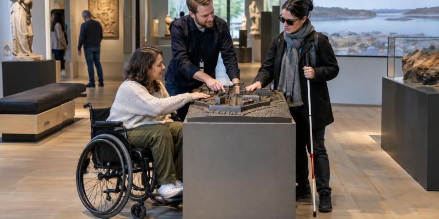 Riteņkrēsla lietotāja un apmeklētāja ar balto spieķi kopā ar muzeja darbinieku izpēta taustes maketu.