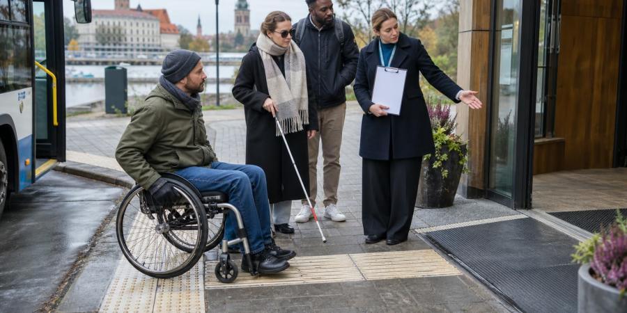 Riteņkrēsla lietotājs un cilvēks ar balto spieķi kopā ar tūrisma darbinieci pārbauda pieejamu ieeju.