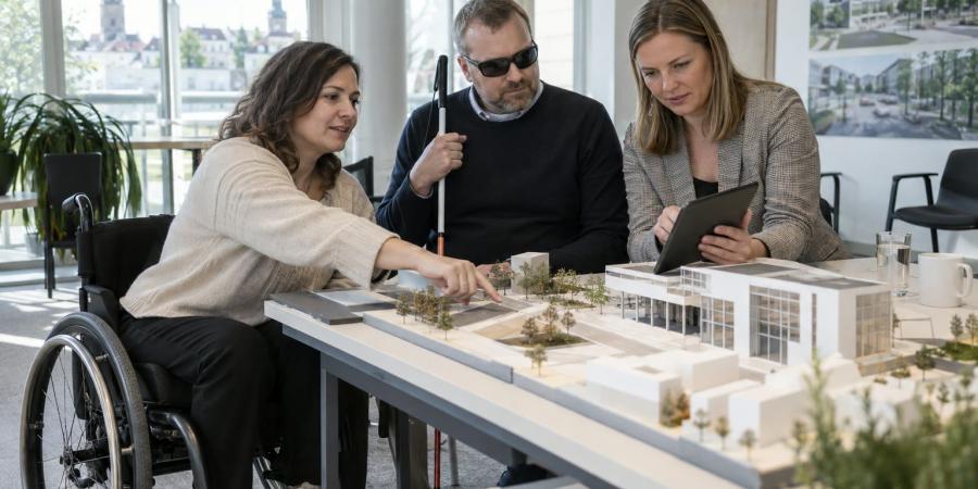 Riteņkrēsla lietotāja, cilvēks ar balto spieķi un speciāliste kopā izvērtē ēkas maketu un planšeti.