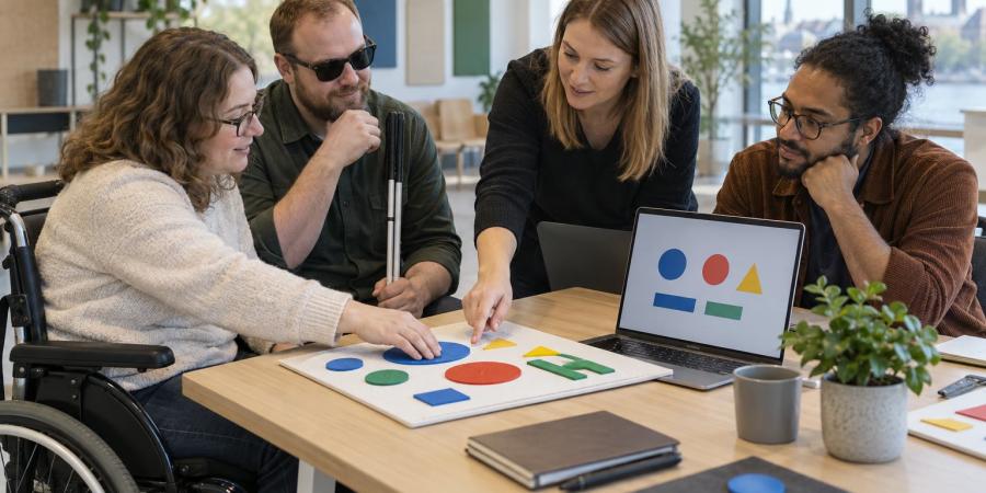 Cilvēki ar invaliditāti un analītiķi kopā pēta taustāmas formas un abstraktu datu attēlojumu datorā.