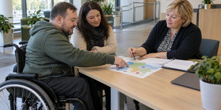 Riteņkrēsla lietotājs kopā ar atbalsta personu un konsultanti pārrunā pakalpojumu karti pie galda.