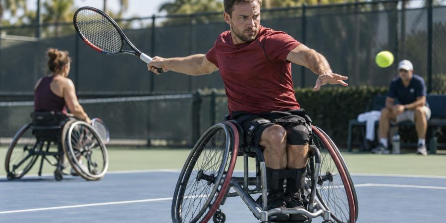 Riteņtenisists sporta riteņkrēslā izpilda sitienu āra kortā