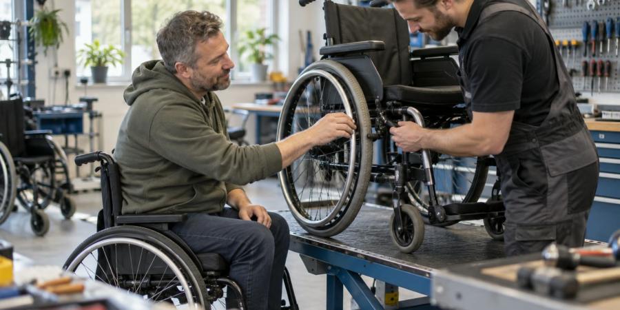 Riteņkrēsla lietotājs kopā ar tehniķi pārbauda riteņkrēsla riteni darbnīcā