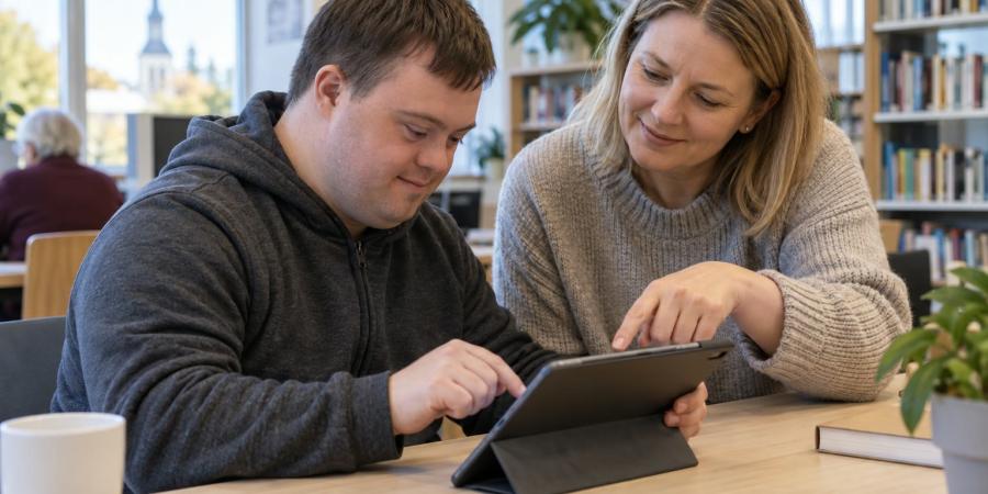 Vīrietis un pasniedzēja bibliotēkā kopīgi izmanto planšetdatoru