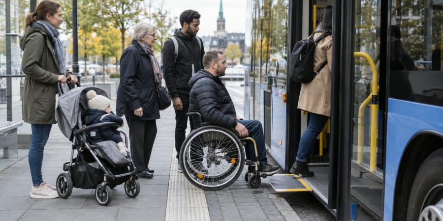 Riteņkrēsla lietotājs kopā ar citiem pasažieriem iekāpj zemās grīdas autobusā