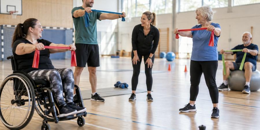 Dažādu paaudžu cilvēki sporta zālē kopīgi vingro ar elastīgajām lentēm