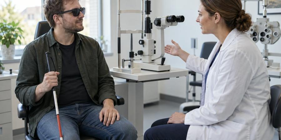 Vīrietis ar balto spieķi sarunājas ar acu aprūpes speciālisti pie pārbaudes iekārtas