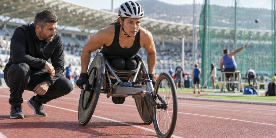 Para sportiste sacensību riteņkrēslā gatavojas startam kopā ar treneri stadionā