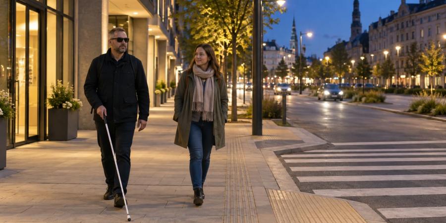 Vājredzīgs gājējs ar balto spieķi pārvietojas pa vienmērīgi izgaismotu pilsētas ietvi vakarā