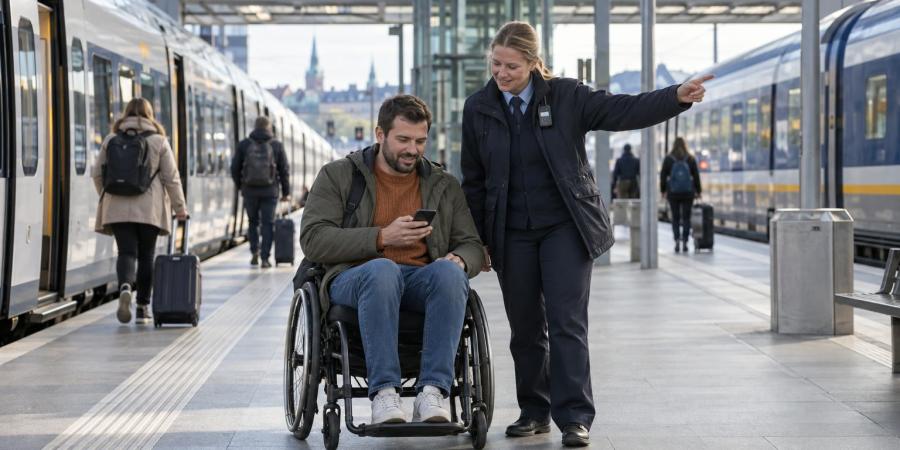 Riteņkrēsla lietotājs dzelzceļa stacijā pārbauda maršrutu, kamēr darbiniece norāda pārsēšanās virzienu